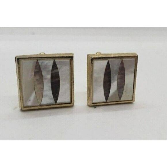 Vintage CuffLinks Gold Metal Abalone Mother of Pearl Inlaid Dante - Picture 4 of 6